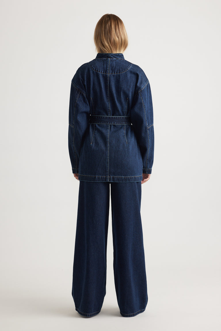 Kylie Denim Blazer Dress in deep indigo with belted waist and relaxed fit by DECJUBA Australian fashion brand