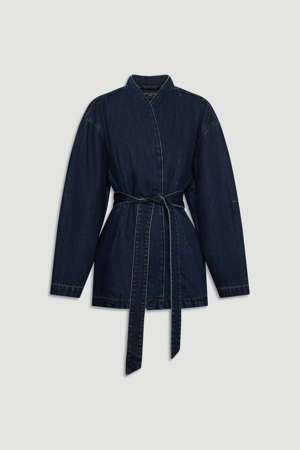 Kylie Denim Blazer Dress in deep indigo with a self-tie belt and relaxed fit from DECJUBA Australian fashion brand