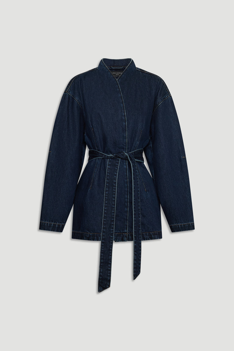 Kylie Denim Blazer Dress in deep indigo with a self-tie belt and relaxed fit from DECJUBA Australian fashion brand