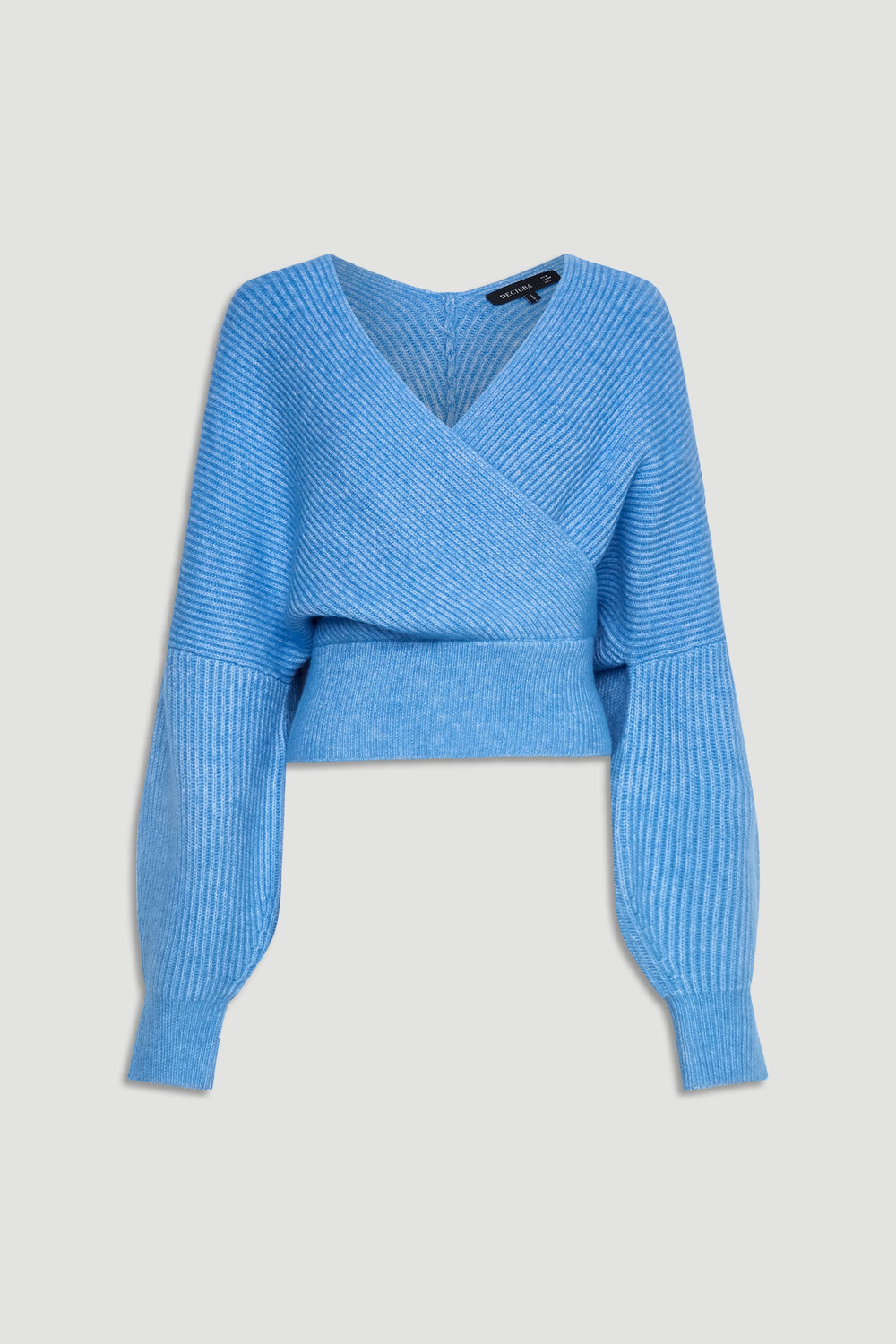 Soft blue knit crossover jumper with a fitted waist and voluminous ribbed sleeves for a stylish, cozy look.