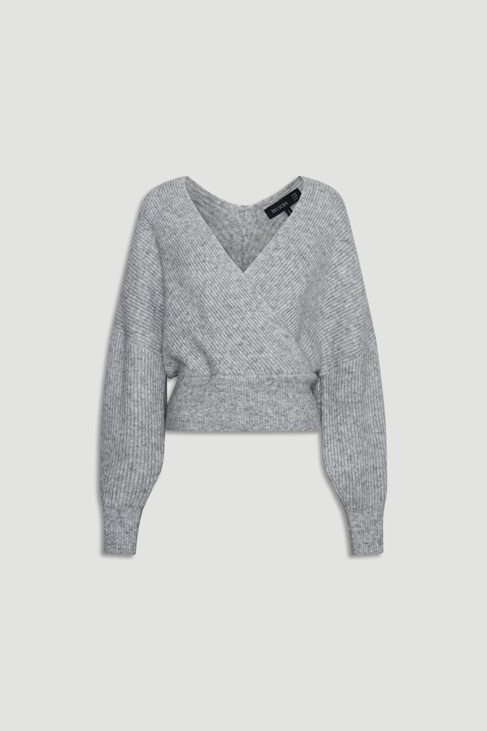 Soft grey knit jumper with a crossover V-neck and ribbed cuffs for a cozy, stylish fit