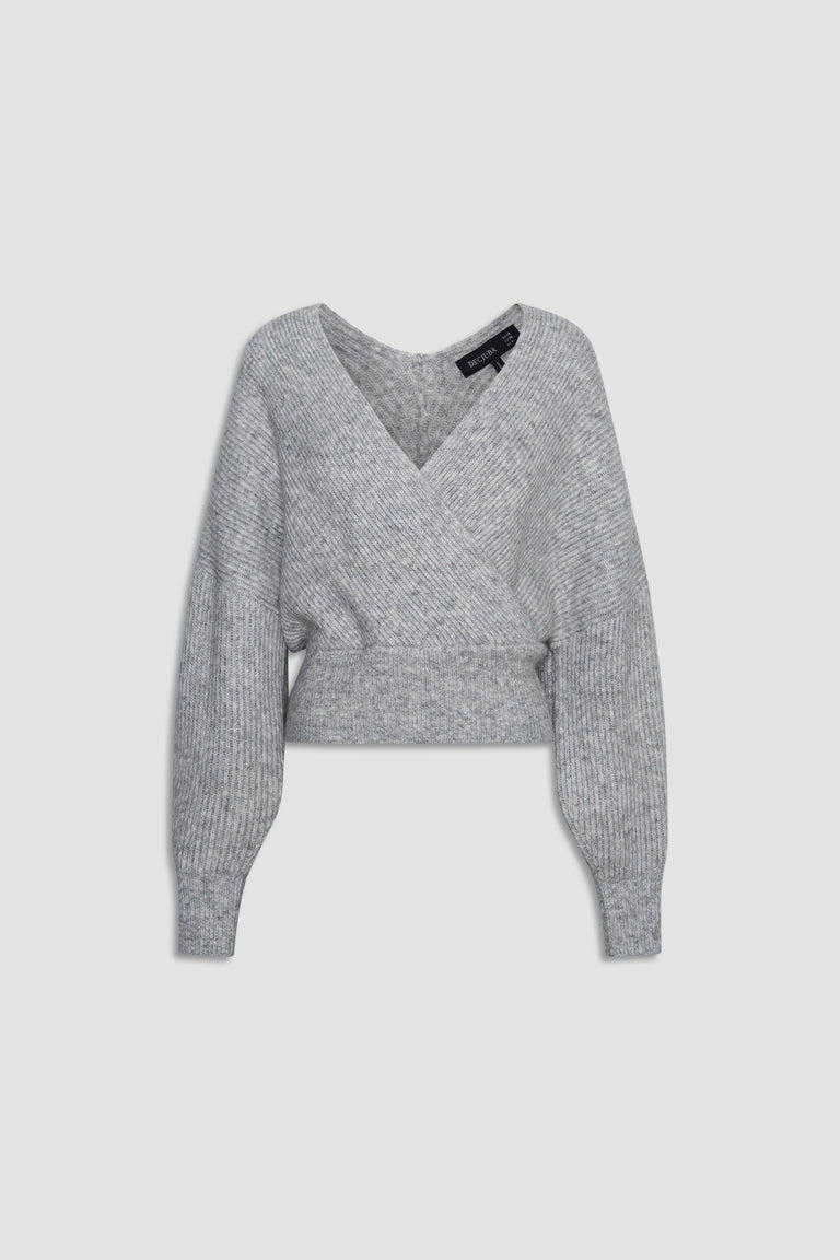 Soft grey knit jumper with a crossover V-neck and ribbed cuffs for a cozy, stylish fit