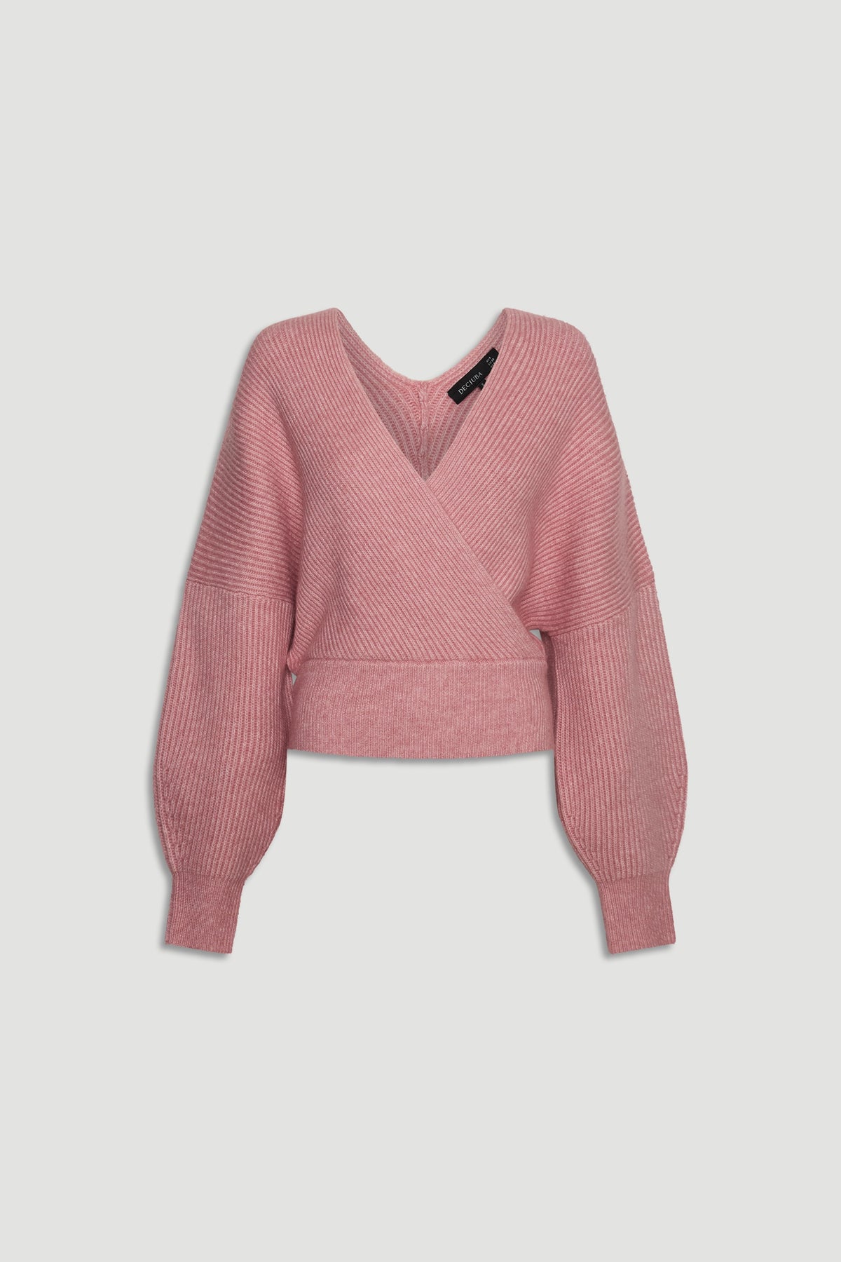 Peony pink crossover knit jumper with balloon sleeves and ribbed hem for a cozy, stylish wardrobe staple