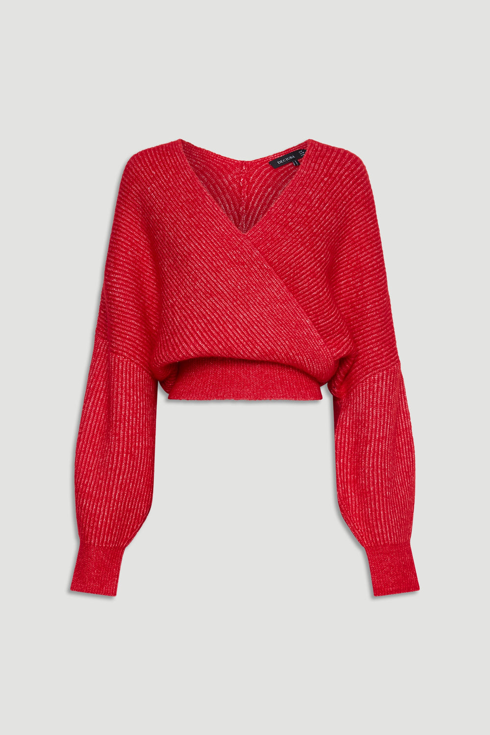 Red crossover knit jumper with a deep V-neck and balloon sleeves, designed for stylish everyday comfort.