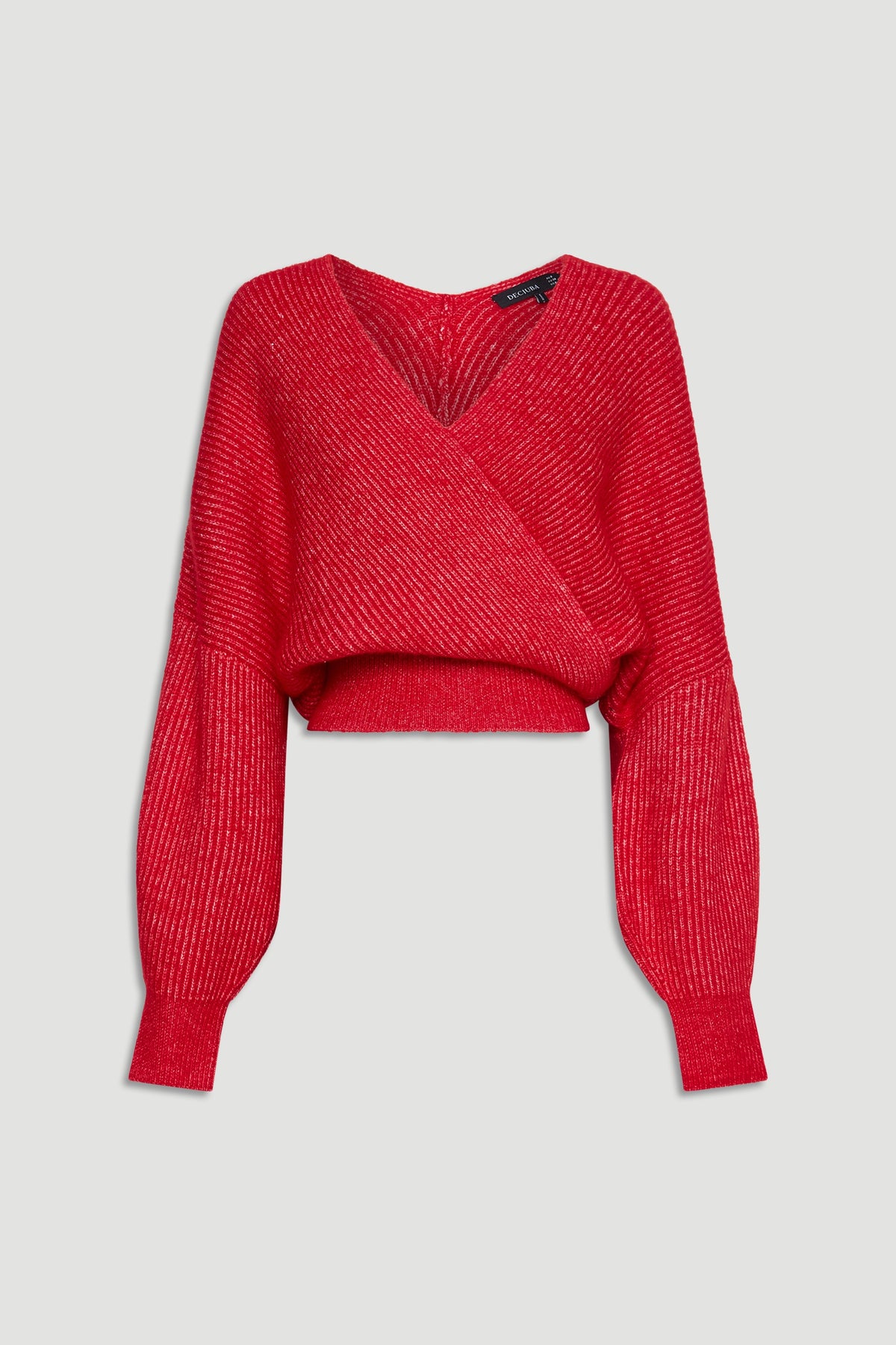 Red crossover knit jumper with a deep V-neck and balloon sleeves, designed for stylish everyday comfort.