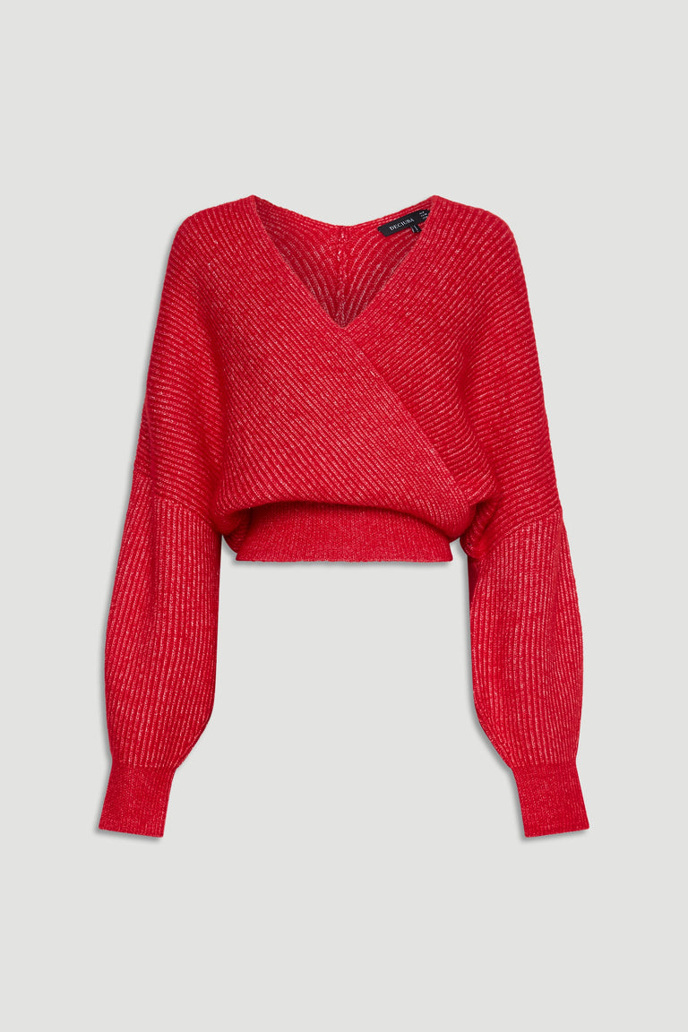 Red crossover knit jumper with a deep V-neck and balloon sleeves, designed for stylish everyday comfort.