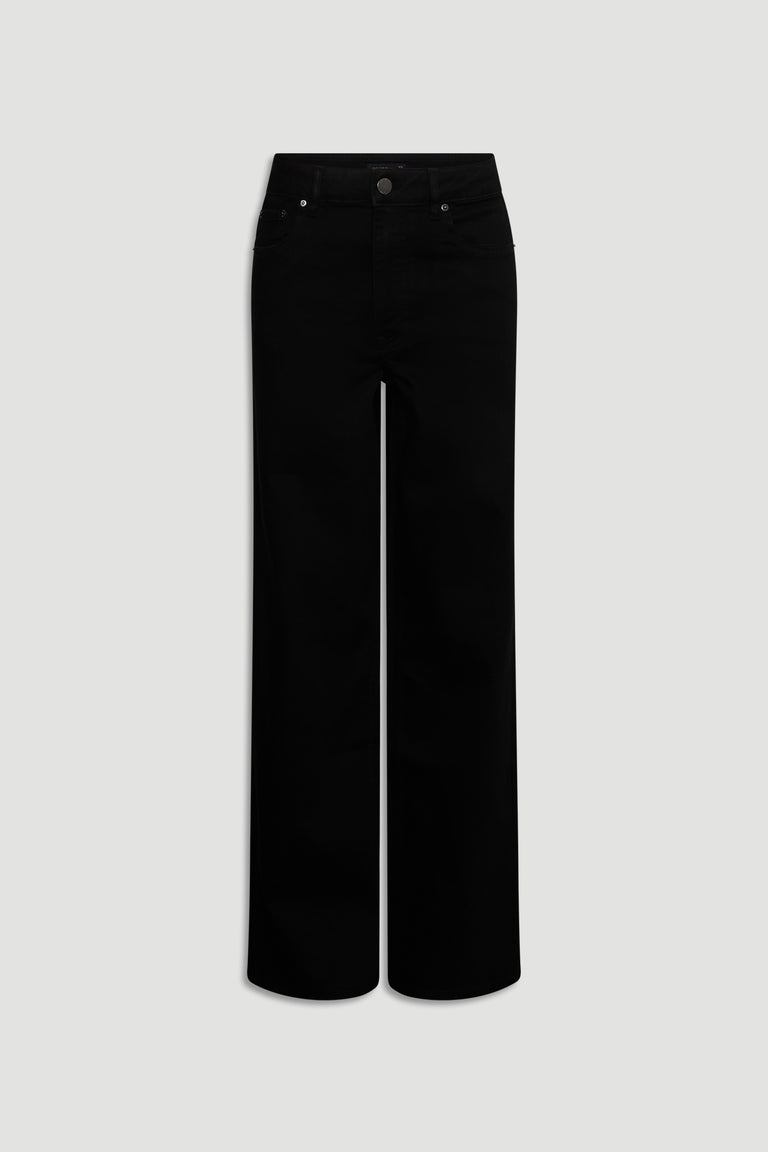 Black stretch denim jeans with a straight-leg cut and classic five-pocket styling for an effortless look.
