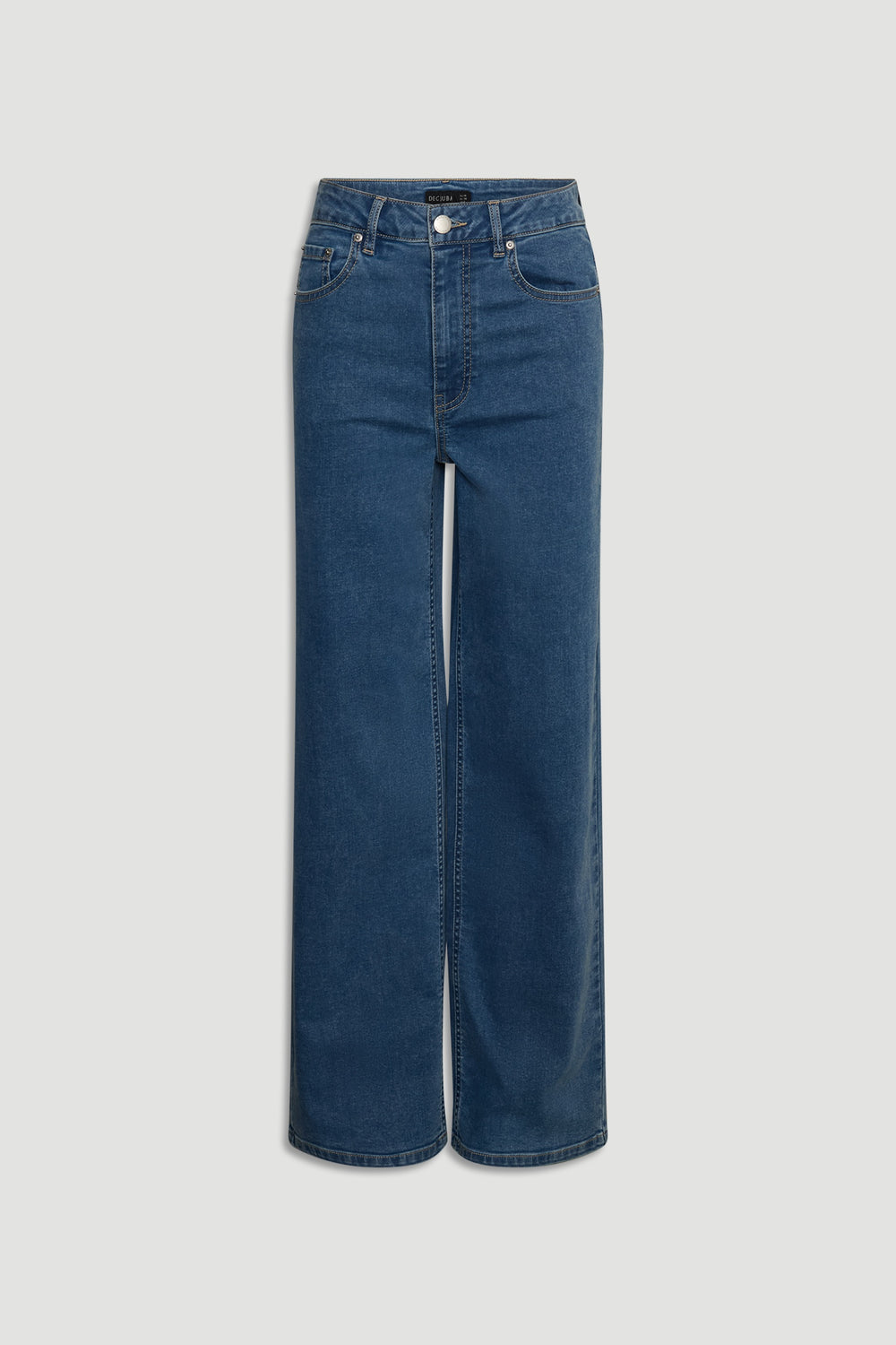 Mid-blue denim straight-leg jeans with high waist, classic five-pocket style, and a clean, versatile finish.