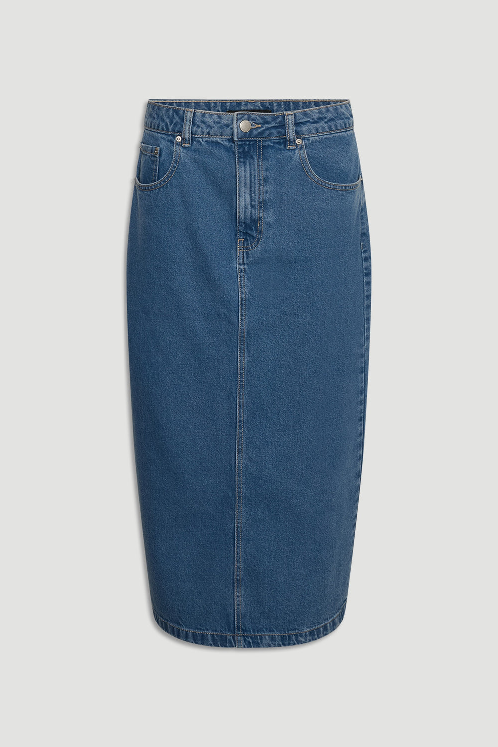 Classic mid-blue denim skirt with a high waist, front pockets, and a streamlined midi length silhouette.