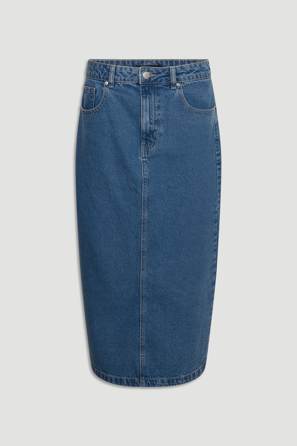 Classic mid-blue denim skirt with a high waist, front pockets, and a streamlined midi length silhouette.