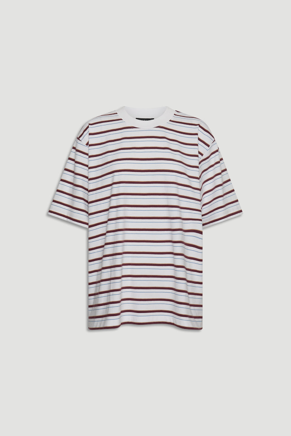 Isabella Oversized Stripe Tee in white with brown and blue stripes, featuring a relaxed fit and short sleeves by DECJUBA