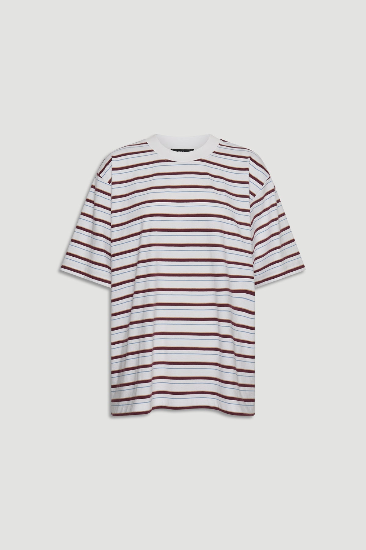 Isabella Oversized Stripe Tee in white with brown and blue stripes, featuring a relaxed fit and short sleeves by DECJUBA