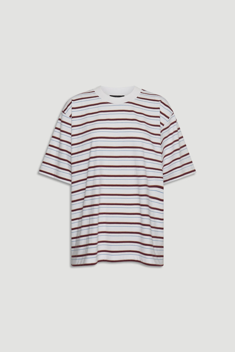 Isabella Oversized Stripe Tee in white with brown and blue stripes, featuring a relaxed fit and short sleeves by DECJUBA