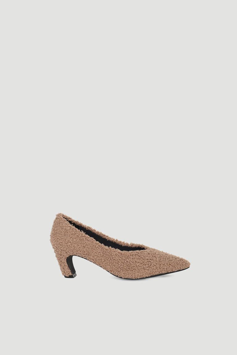 Felicity Fluffy Heel in textured brown fabric with pointed toe and comfortable mid-height heel by DECJUBA Australian fashion brand