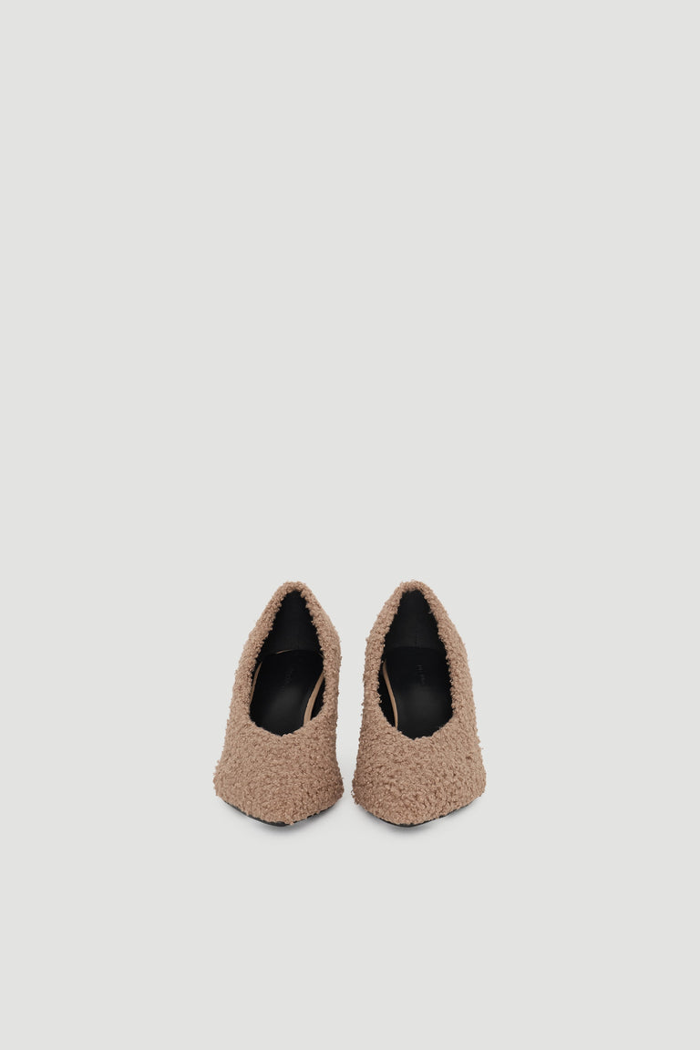 Felicity Fluffy Heel in soft textured taupe fabric with pointed toe and elegant mid heel by DECJUBA Australian fashion brand