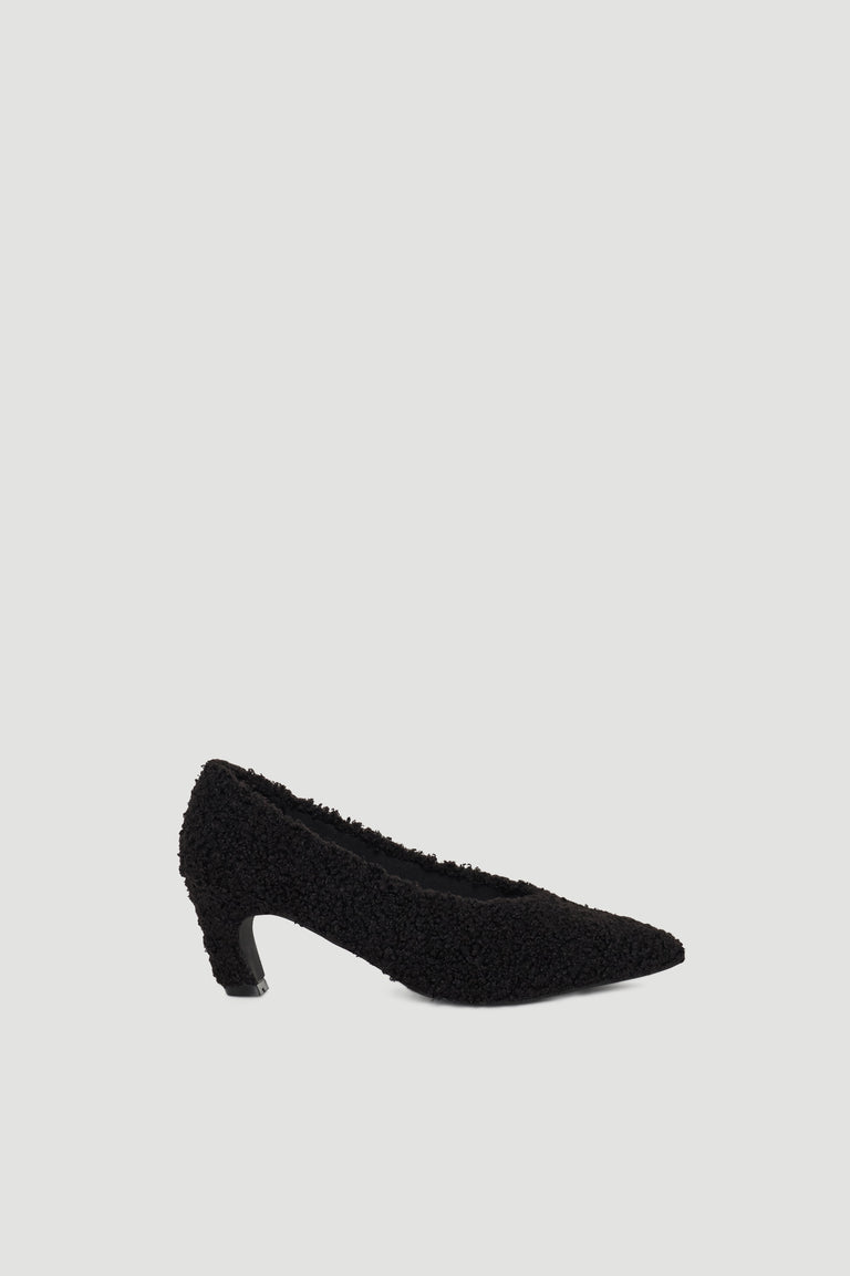 Felicity Fluffy Heel in soft black textured fabric with a pointed toe and comfortable mid heel by DECJUBA Australian fashion brand