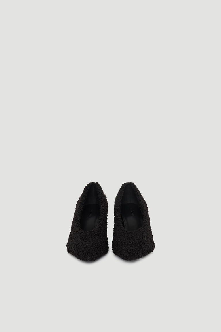 Felicity Fluffy Heel in rich black fabric with cozy texture and mid-height heel, by DECJUBA Australian fashion brand