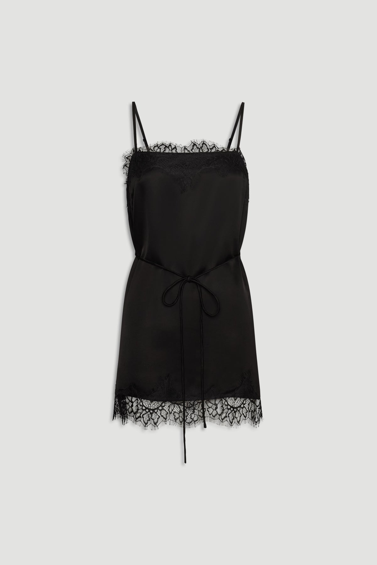 Black lace-trimmed slip dress with adjustable thin straps and a delicate waist tie for a feminine, elegant look.