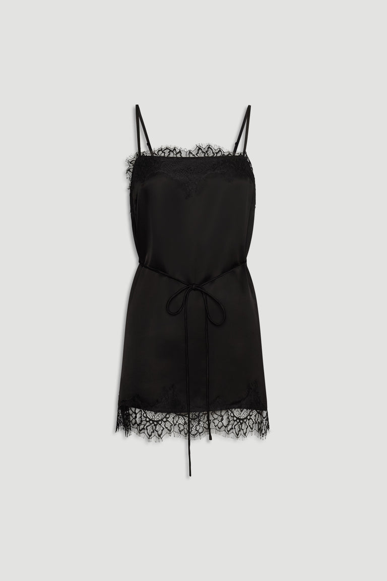 Black lace-trimmed slip dress with adjustable thin straps and a delicate waist tie for a feminine, elegant look.