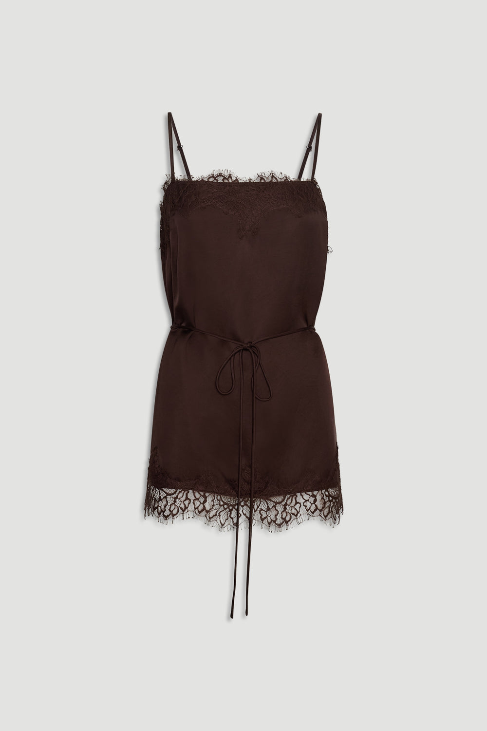 Rich mocha lace-trimmed cami top with adjustable straps and a delicate waist tie for a feminine silhouette