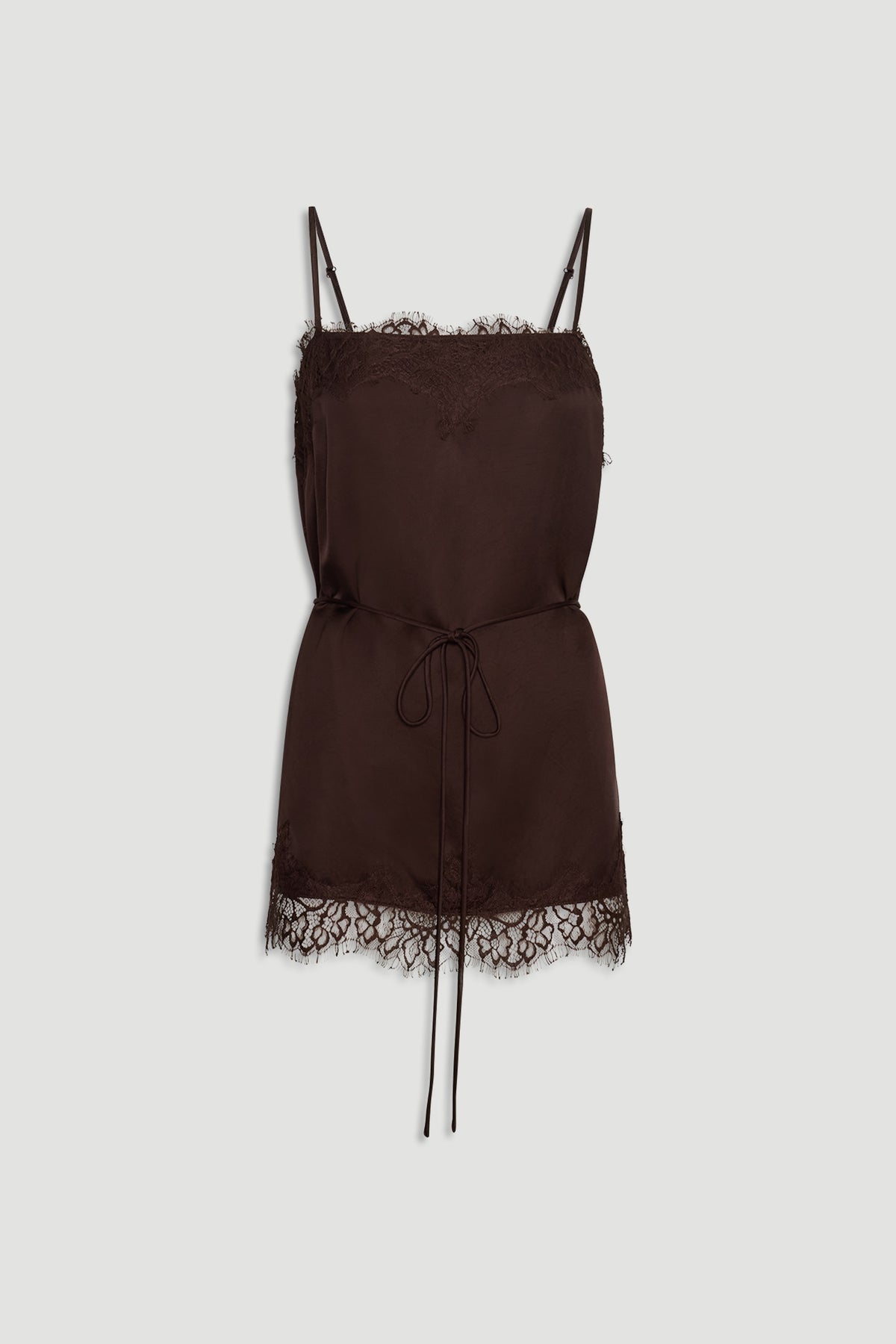 Rich mocha lace-trimmed cami top with adjustable straps and a delicate waist tie for a feminine silhouette