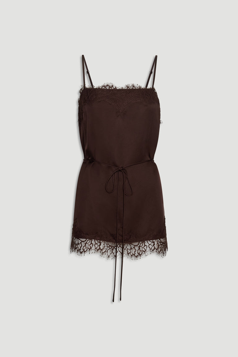 Rich mocha lace-trimmed cami top with adjustable straps and a delicate waist tie for a feminine silhouette