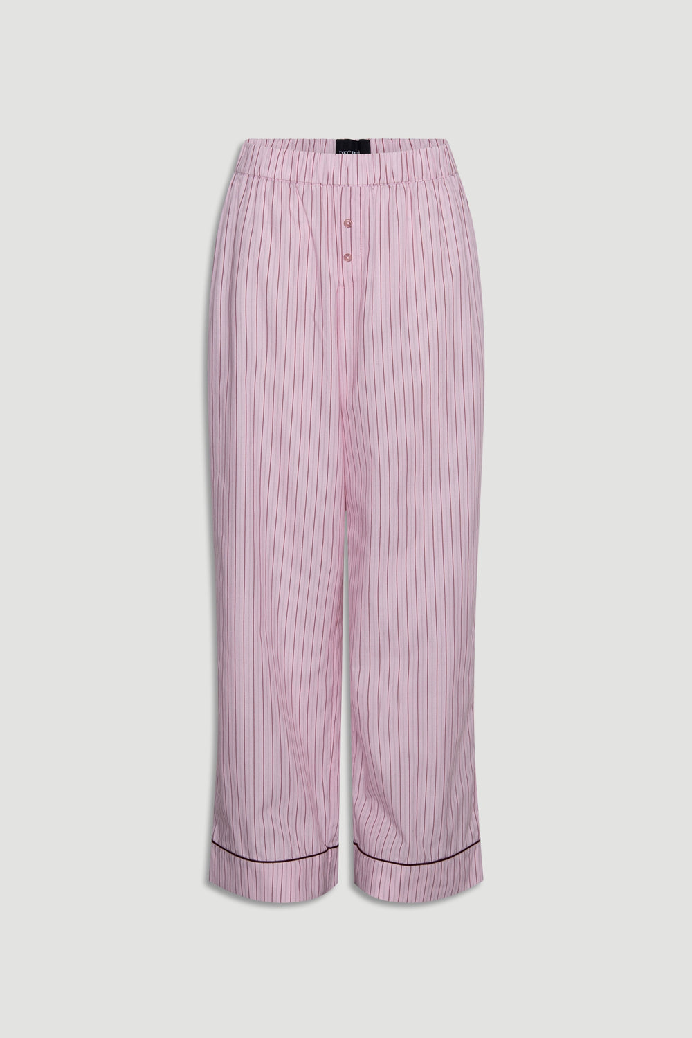 Light pink woven wide leg pants with vertical berry stripes and contrast piping detail at the cuff for relaxed comfort