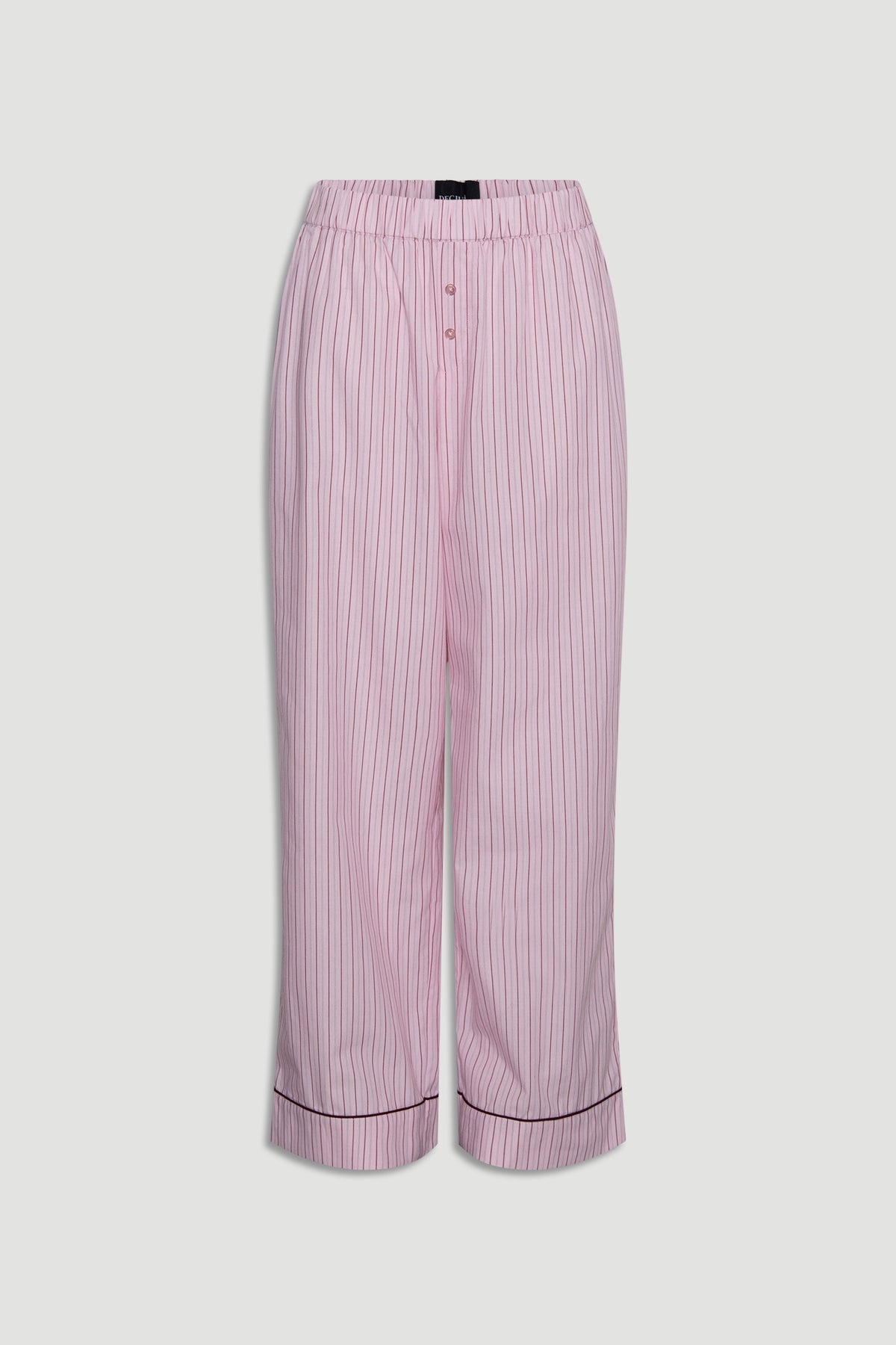 Light pink woven wide leg pants with vertical berry stripes and contrast piping detail at the cuff for relaxed comfort