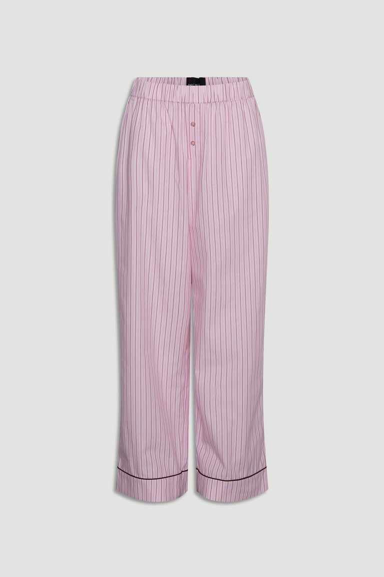 Light pink woven wide leg pants with vertical berry stripes and contrast piping detail at the cuff for relaxed comfort
