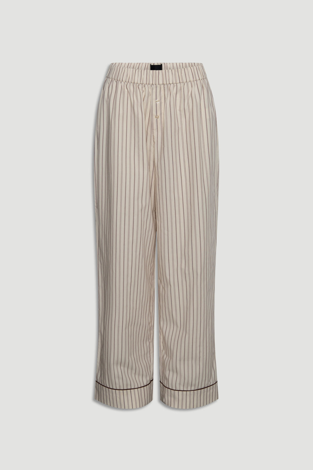 Light cream wide-leg pants in soft woven fabric with thin vertical stripes and cuffed hems with dark piping detail