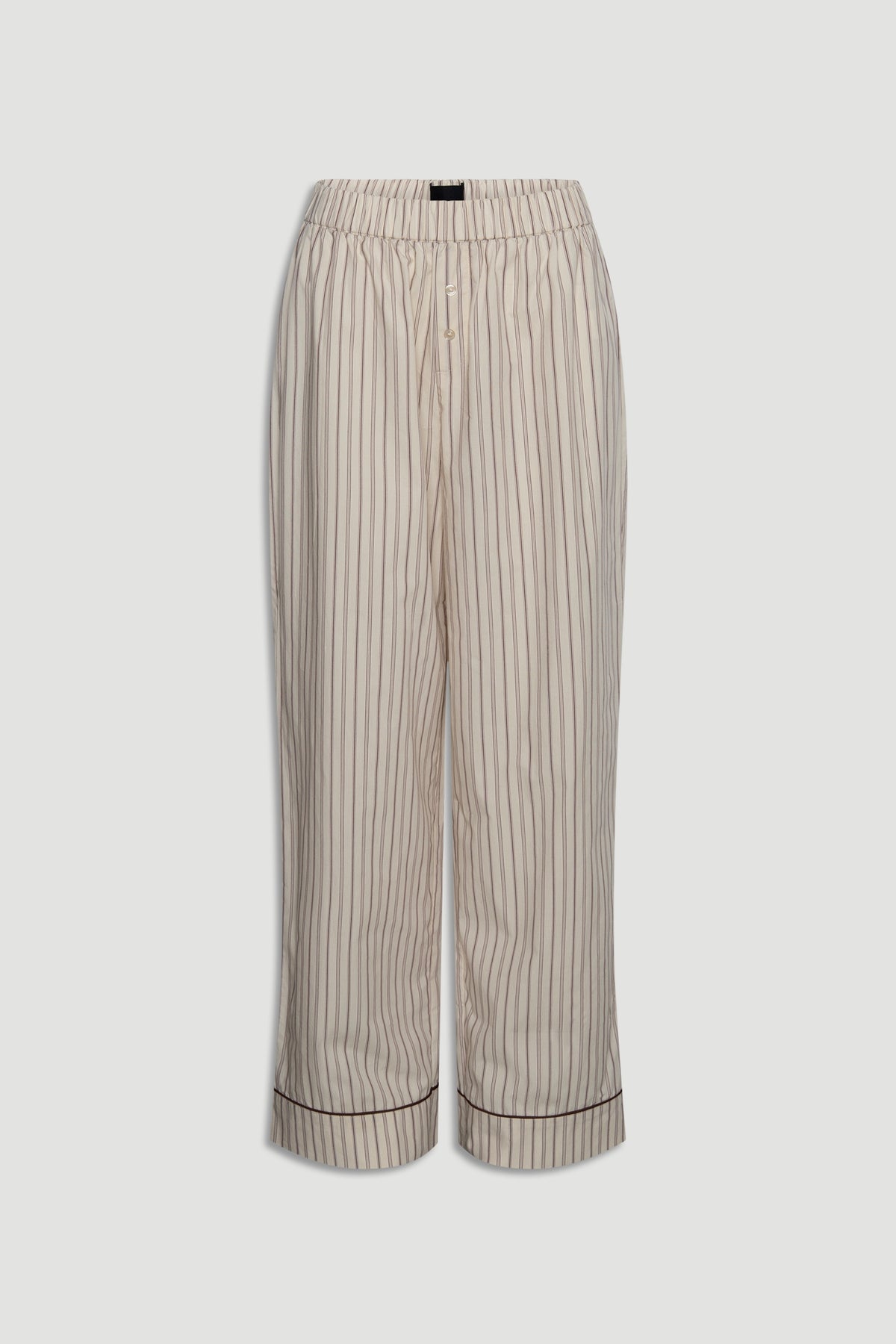Light cream wide-leg pants in soft woven fabric with thin vertical stripes and cuffed hems with dark piping detail