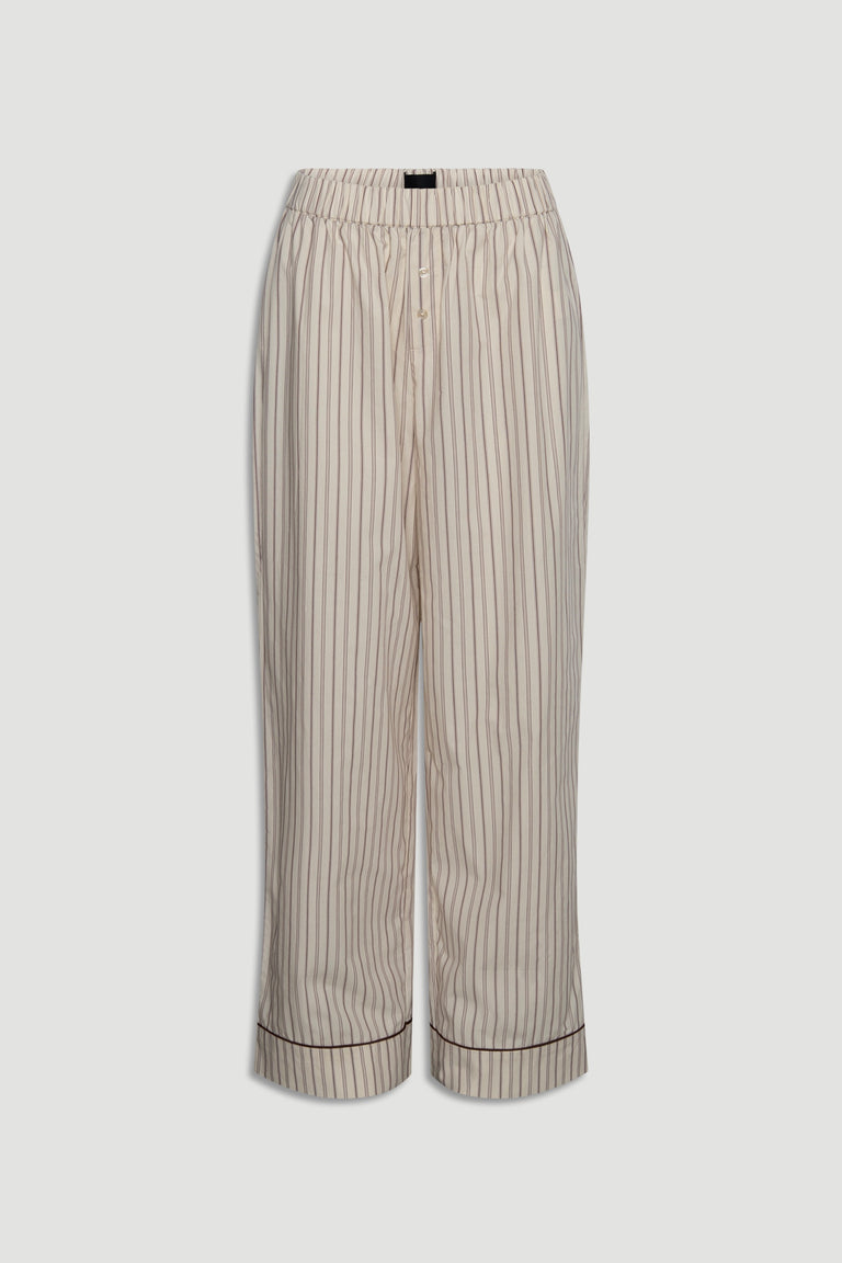 Light cream wide-leg pants in soft woven fabric with thin vertical stripes and cuffed hems with dark piping detail