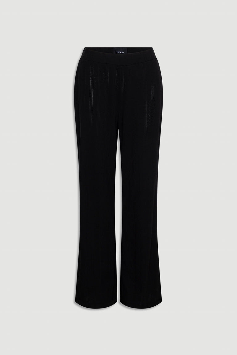 Black wide leg sleep pants in soft pointelle fabric with elastic waistband for relaxed, comfortable loungewear fit