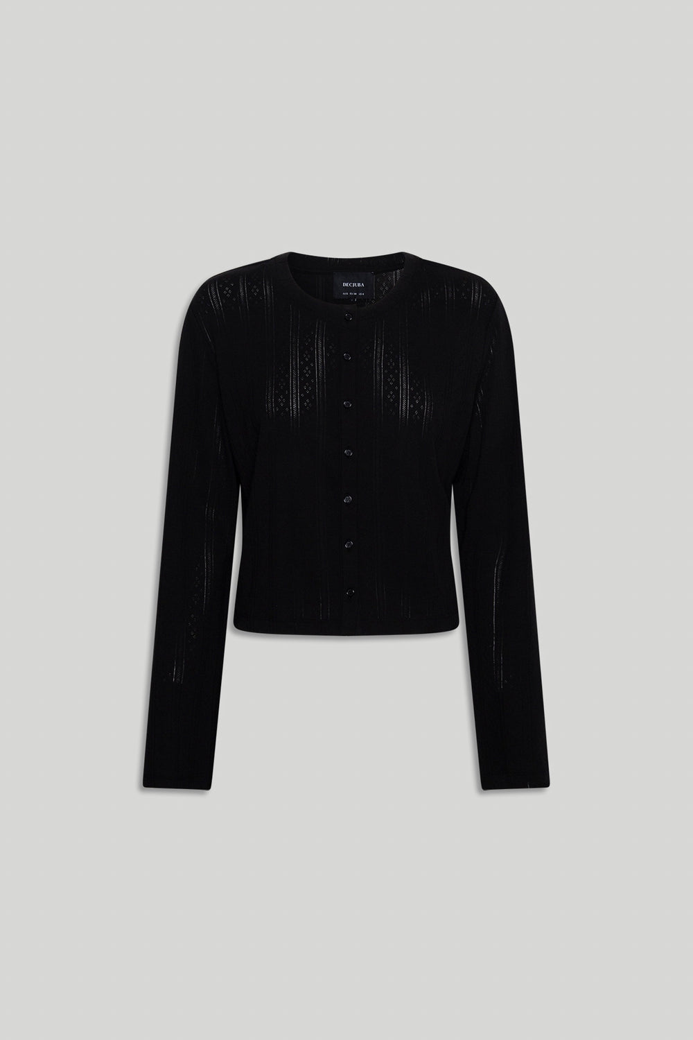 Black long sleeve pointelle knit top with front buttons and a slightly cropped, fitted silhouette