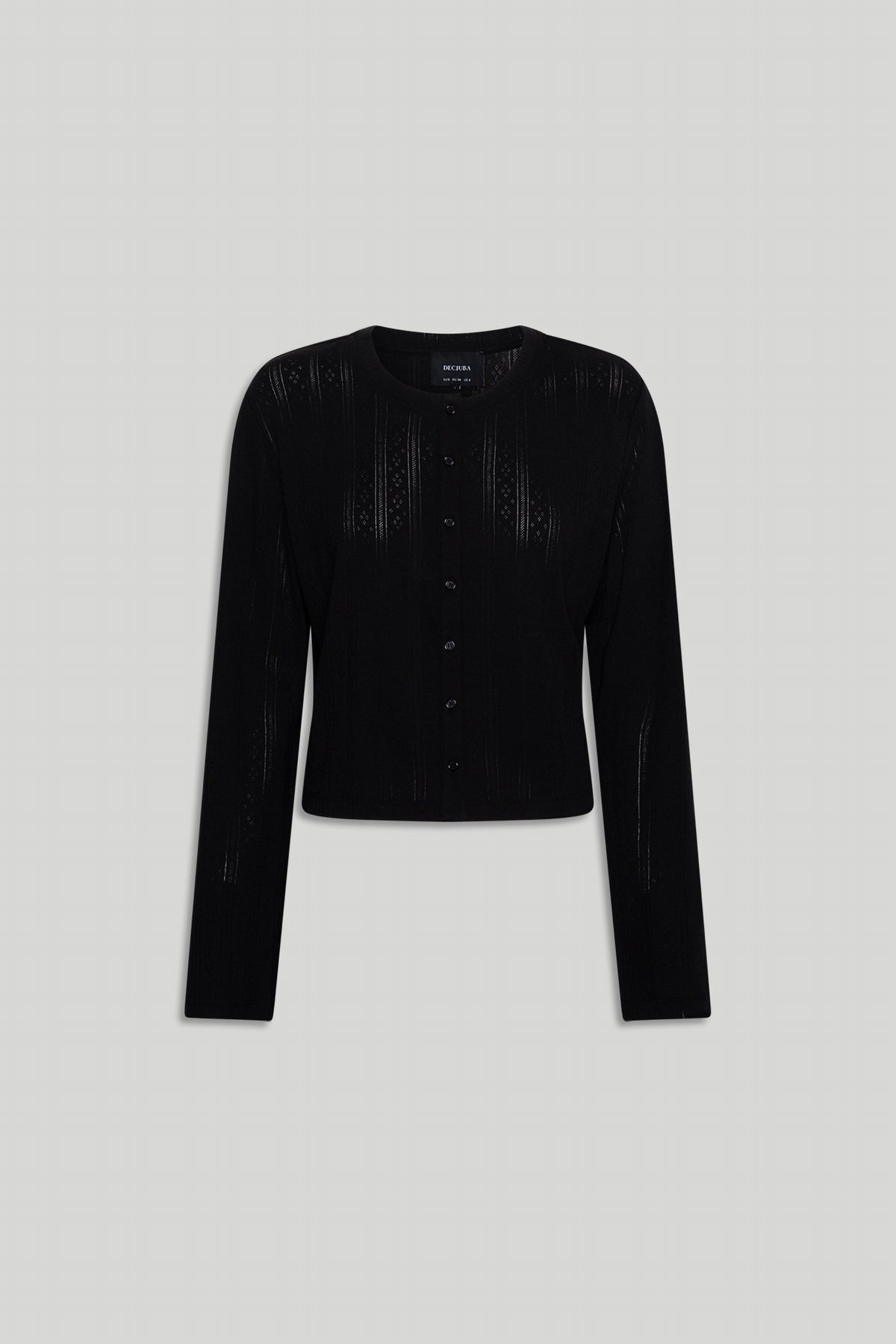 Black long sleeve pointelle knit top with front buttons and a slightly cropped, fitted silhouette