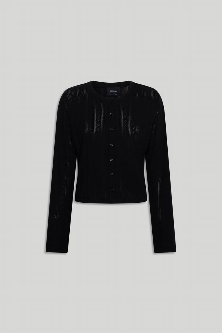 Black long sleeve pointelle knit top with front buttons and a slightly cropped, fitted silhouette