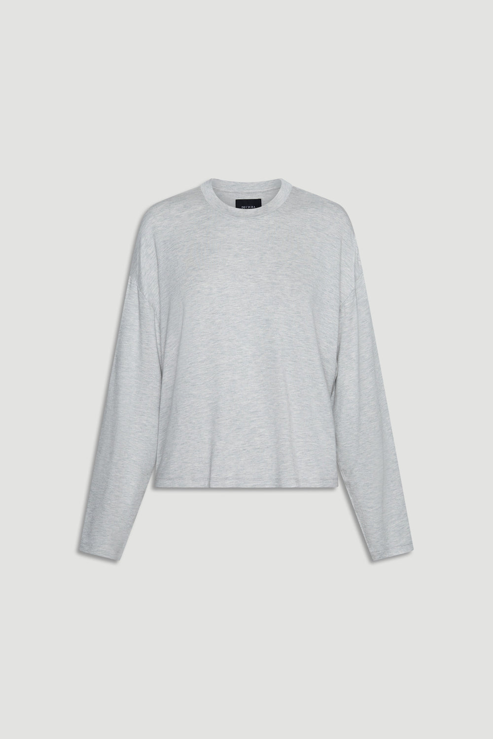 Light grey long sleeve top in soft sleep jersey fabric with relaxed fit and crew neckline design