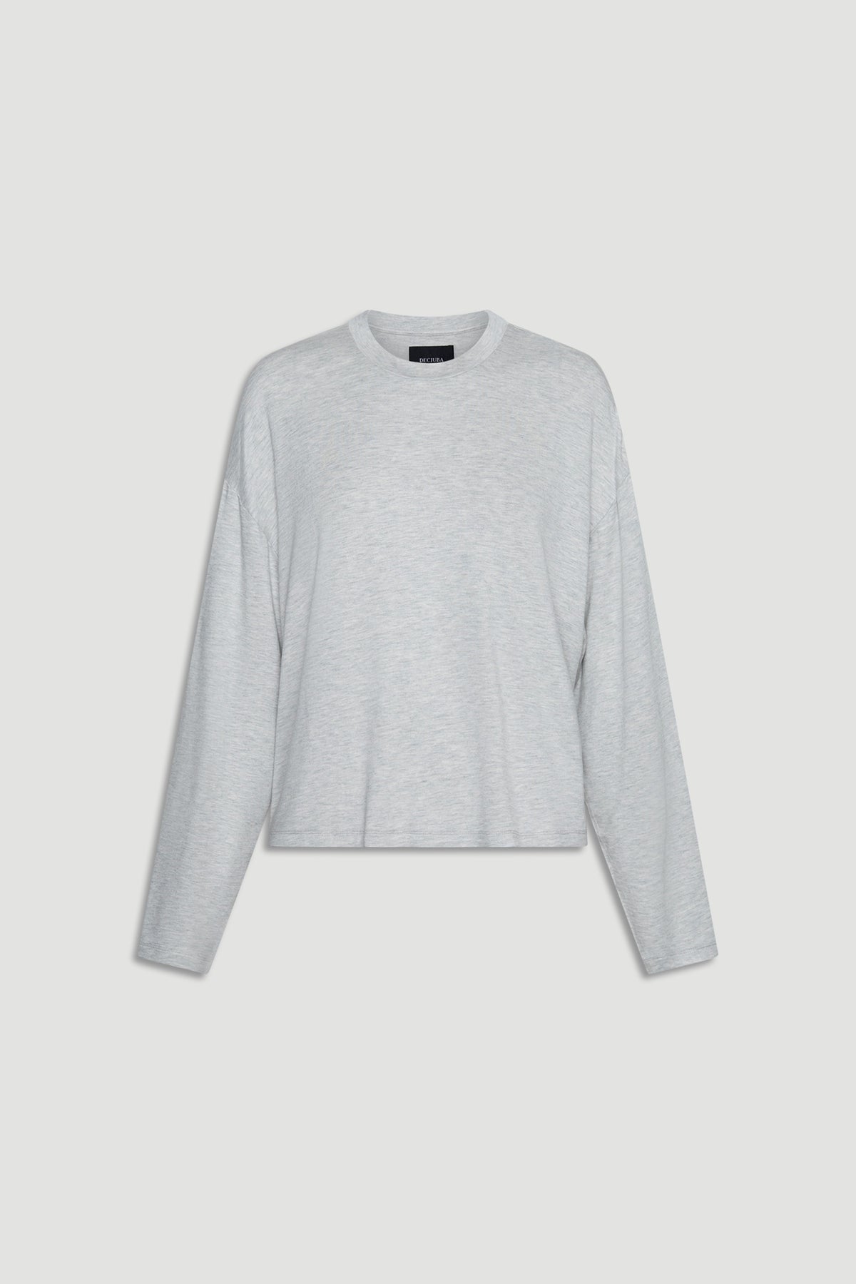Light grey long sleeve top in soft sleep jersey fabric with relaxed fit and crew neckline design