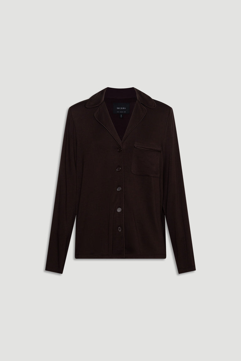 Dark brown sleep shirt with a soft button-through front, classic collar, long sleeves, and a chest pocket detail
