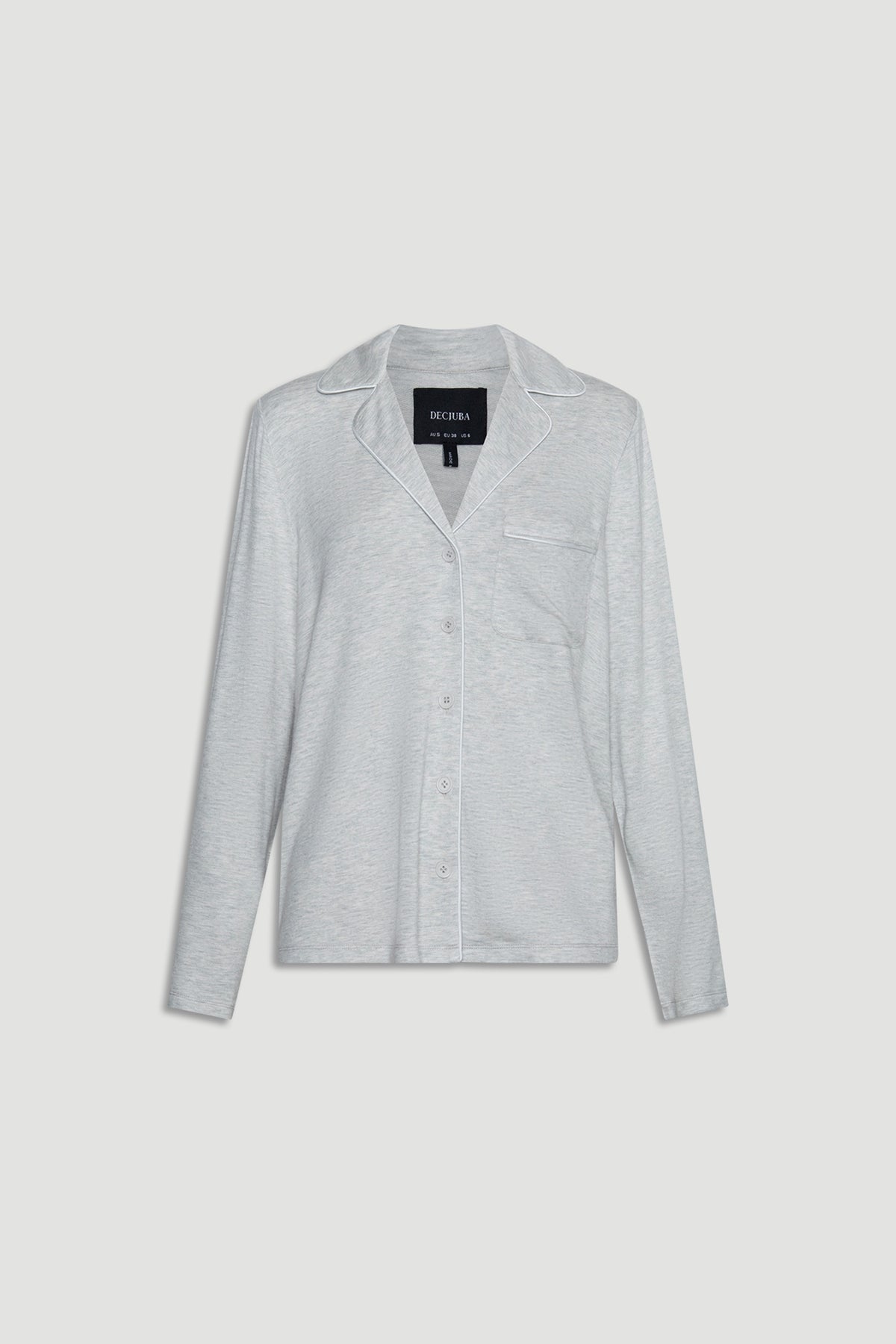 Light grey long sleeve sleep shirt with button front and chest pocket in soft, breathable fabric for relaxed fit