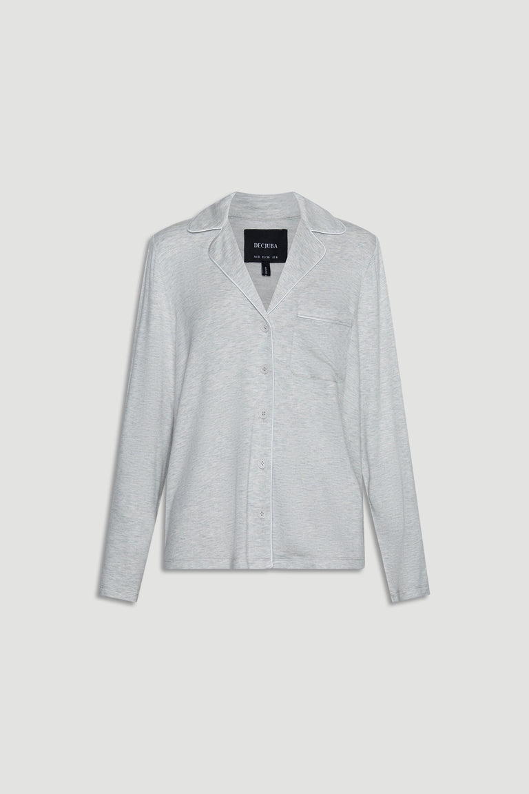 Light grey long sleeve sleep shirt with button front and chest pocket in soft, breathable fabric for relaxed fit