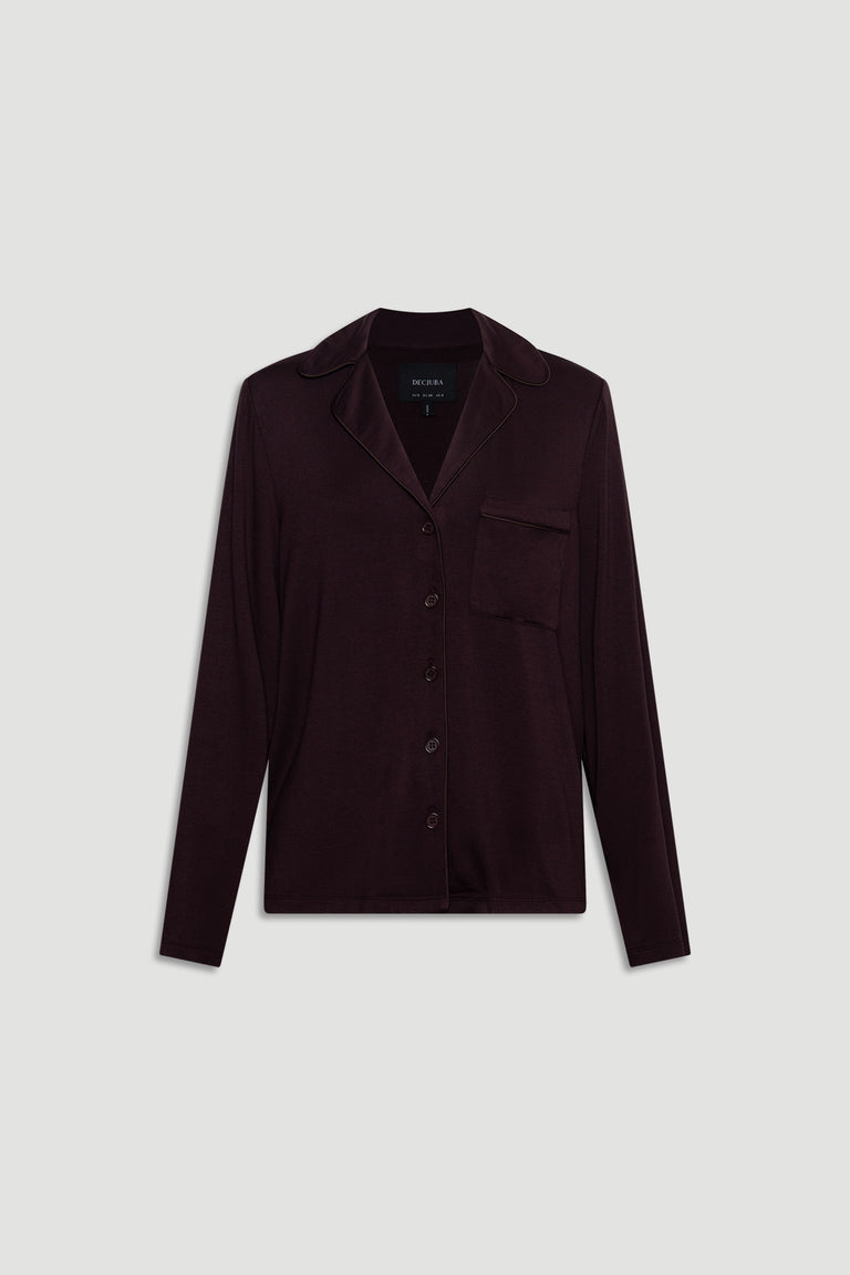 Soft sleep button through shirt in deep rhubarb with long sleeves, chest pocket, and relaxed fit for everyday ease