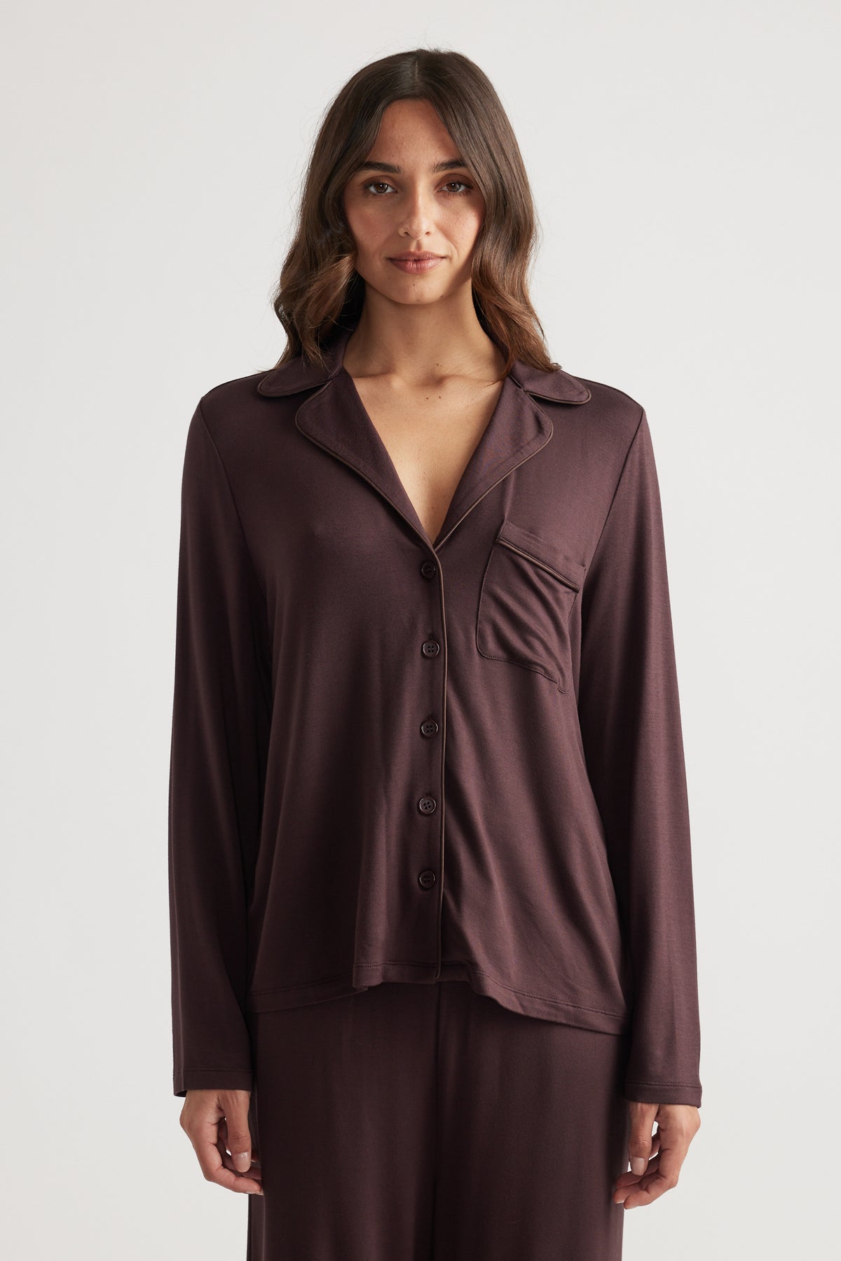 Soft deep rhubarb button-through shirt with collar and chest pocket in relaxed, smooth fabric for everyday ease