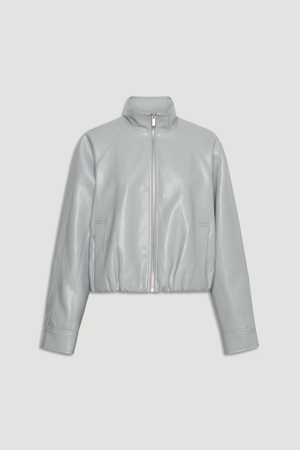 Grace Faux Leather Bomber in light grey with front zip and elasticated hem by DECJUBA Australian fashion brand