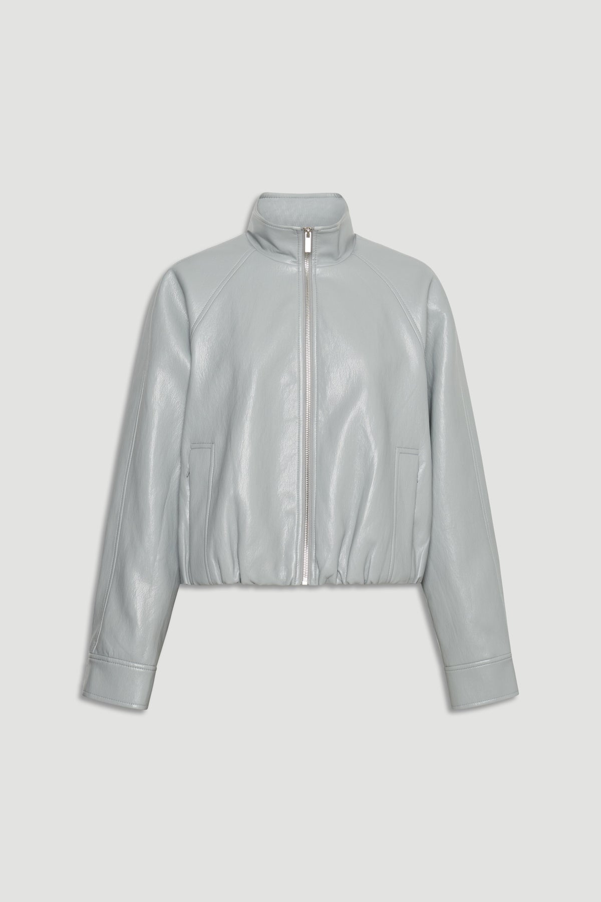 Grace Faux Leather Bomber in light grey with front zip and elasticated hem by DECJUBA Australian fashion brand