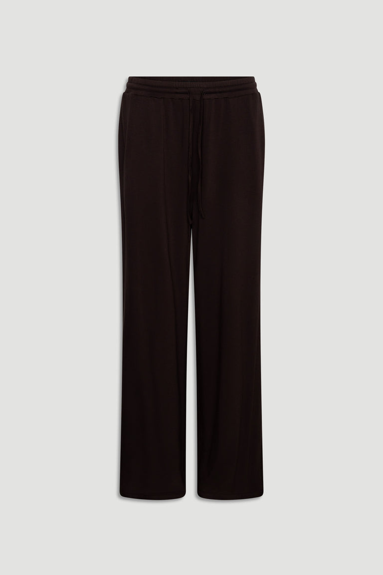 Dark chocolate wide leg sleep pants with a relaxed fit and drawstring waist in soft jersey fabric
