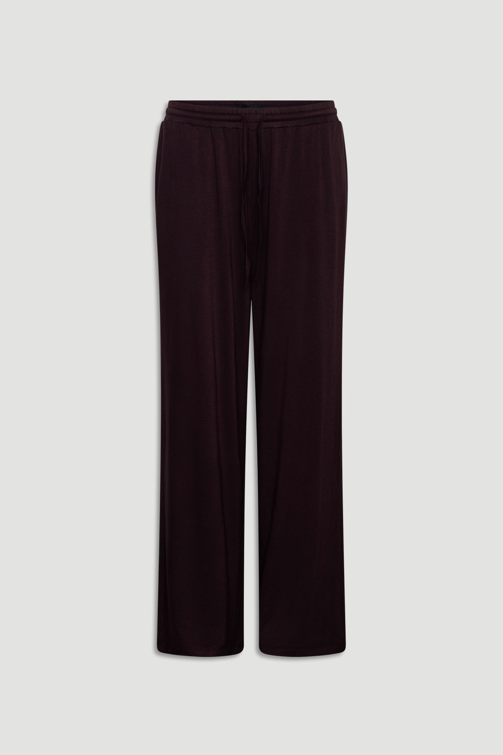 Wide leg sleep pants in deep burgundy jersey fabric with drawstring waist for relaxed, comfortable wear