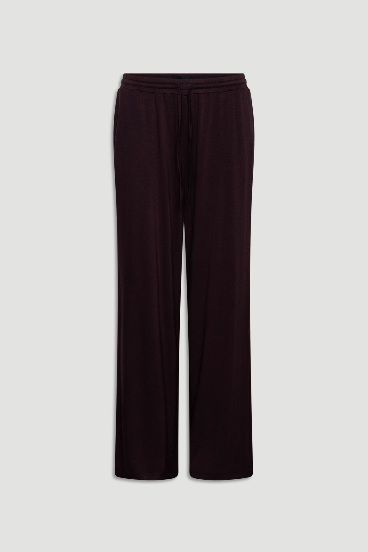 Wide leg sleep pants in deep burgundy jersey fabric with drawstring waist for relaxed, comfortable wear