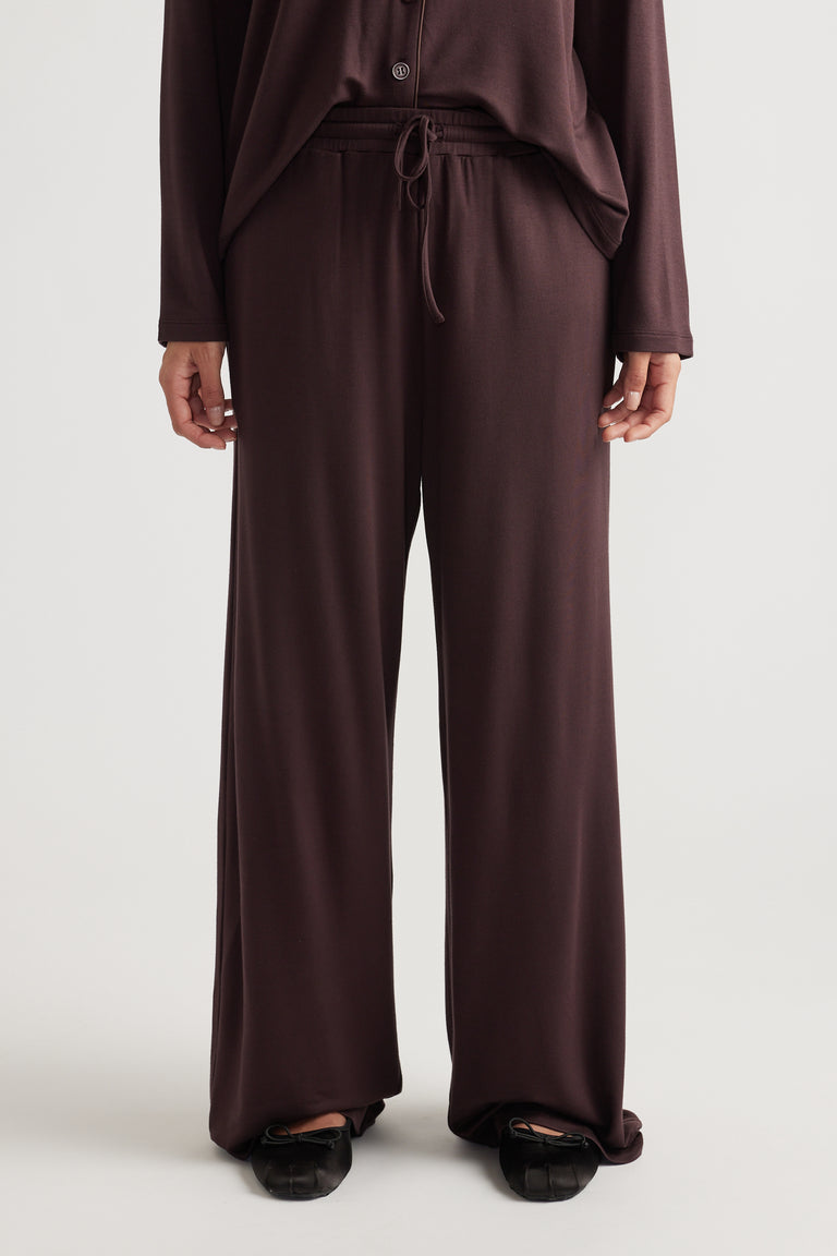 Wide leg lounge pants in rich rhubarb jersey fabric with adjustable drawstring waist for effortless comfort