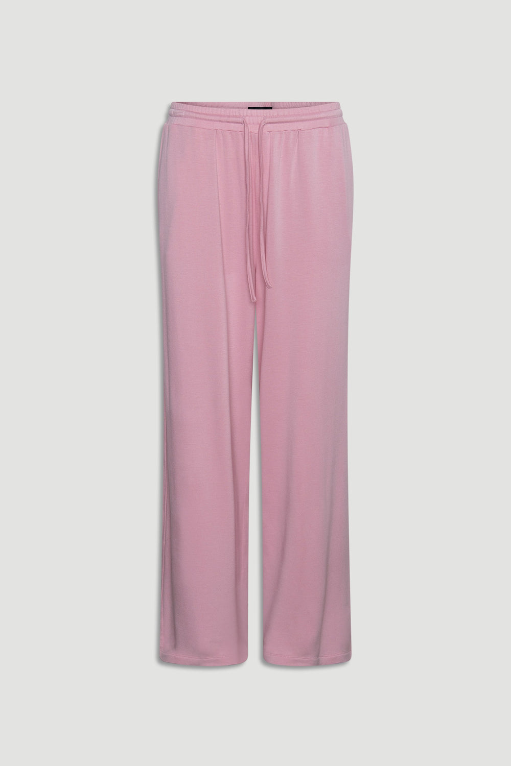 Pink wide leg lounge pants in soft jersey fabric with drawstring waist for relaxed, cozy wear